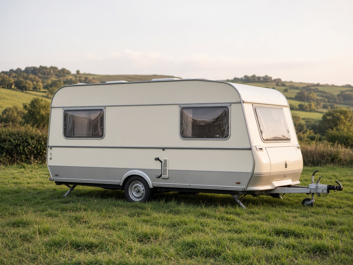 Cream touring caravan on a UK campsite