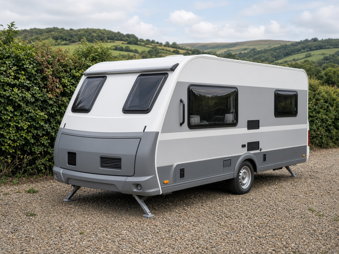 Modern grey and white touring caravan
