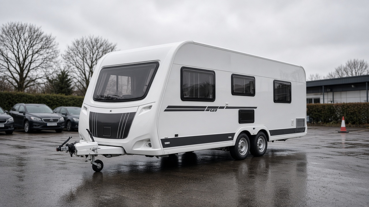 Modern white touring caravan on a UK dealership forecourt